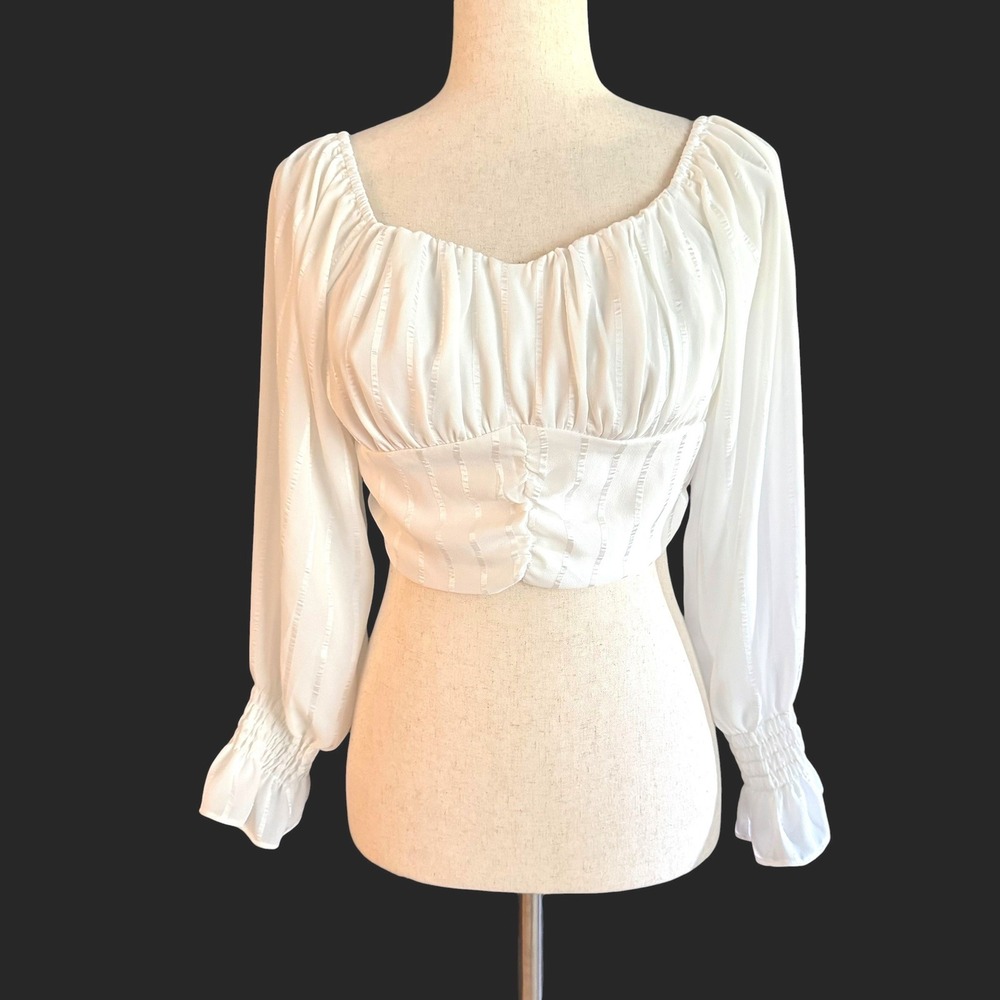White Milkmaid Crop Top Long Sleeve Smocked Cuffs Satin Stripe Medium Coquette